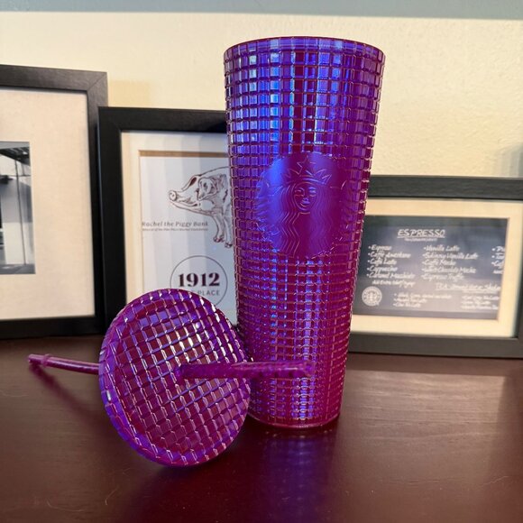 Starbucks Summer 2024 Iridescent Magenta Purple Grid 20oz Tumbler NWT - Picture 5 of 7